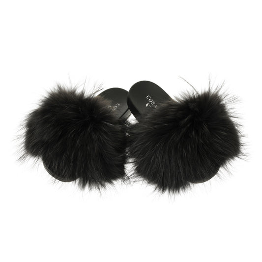 Black Natural Fur Slides