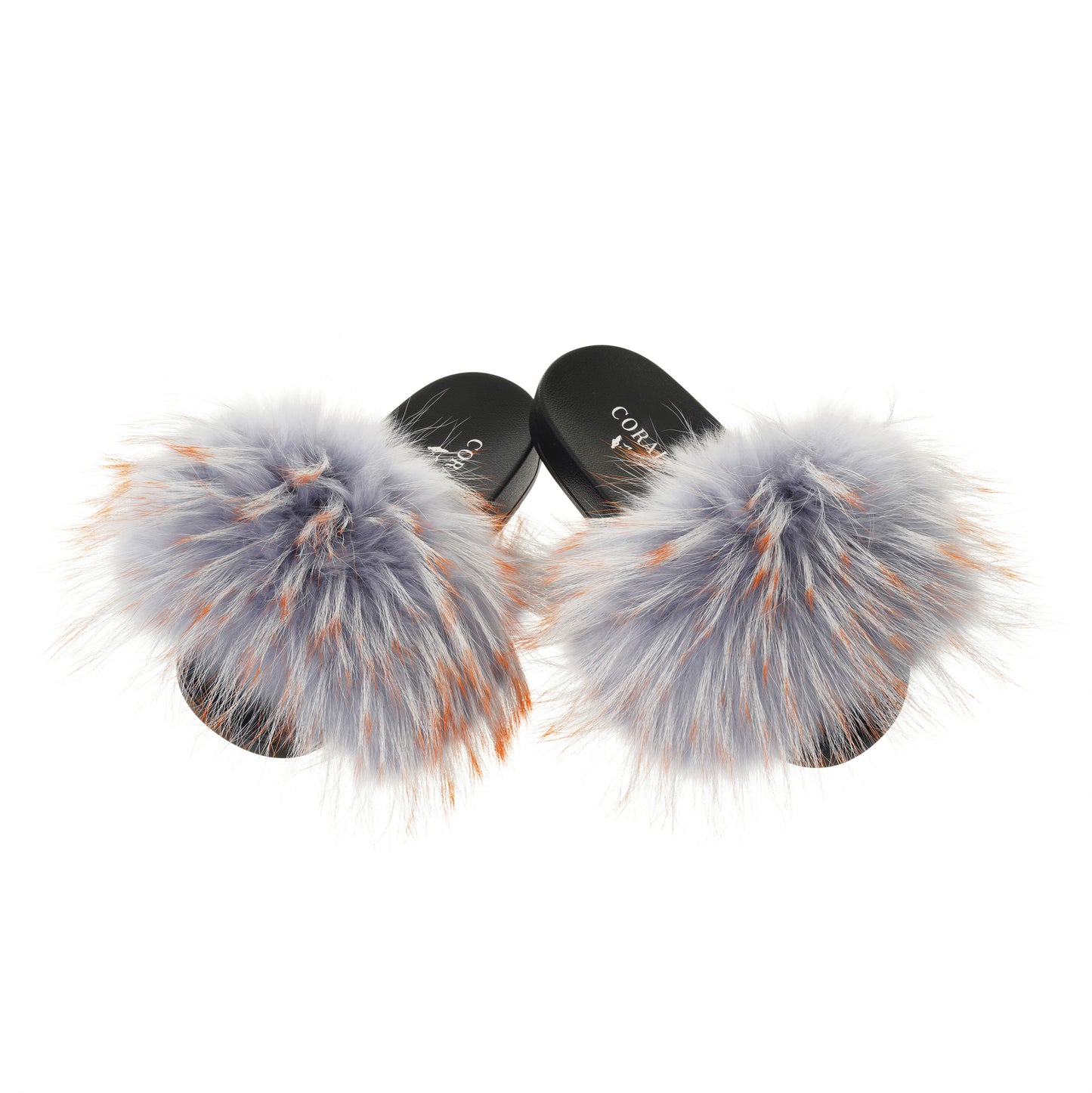 Blue-Orange Natural Fur Slides