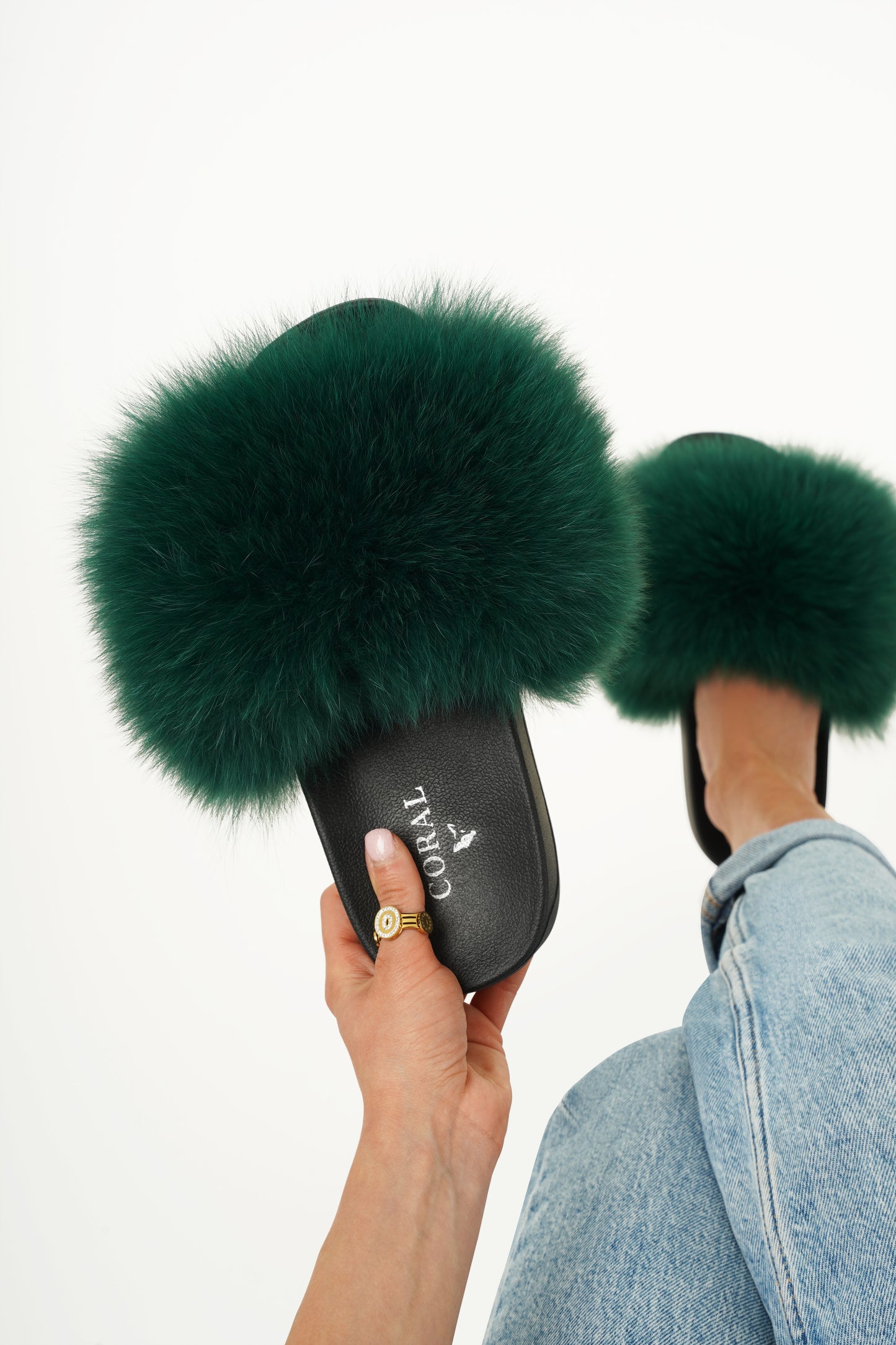 Forest Green Natural Fur Slides