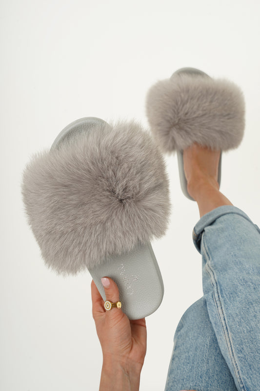 Light Gray Natural Fur Slides