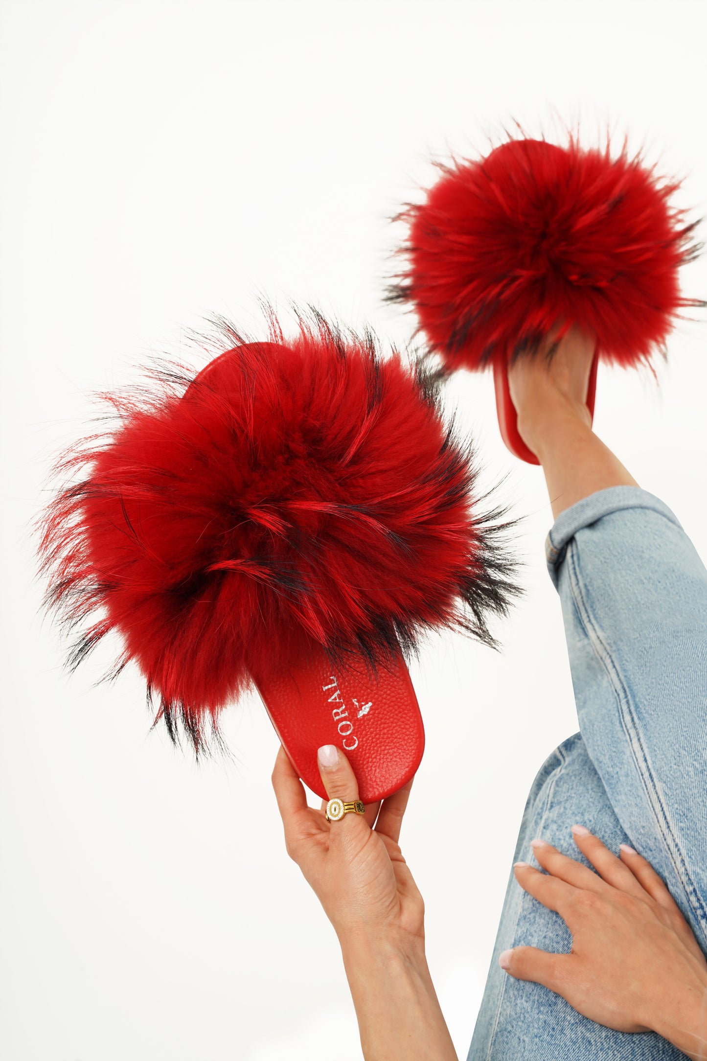 Red Natural Fur Slides