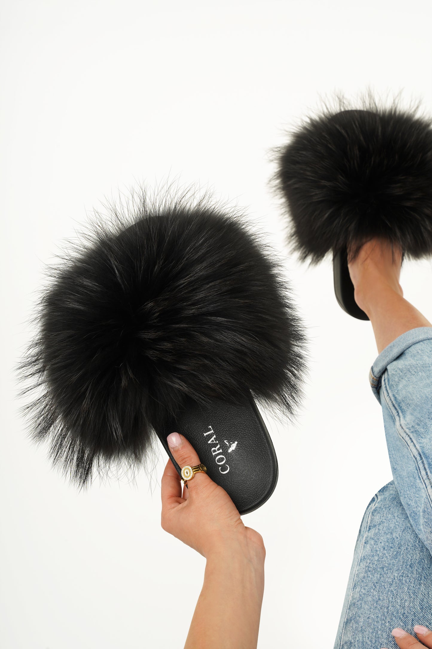 Black Natural Fur Slides