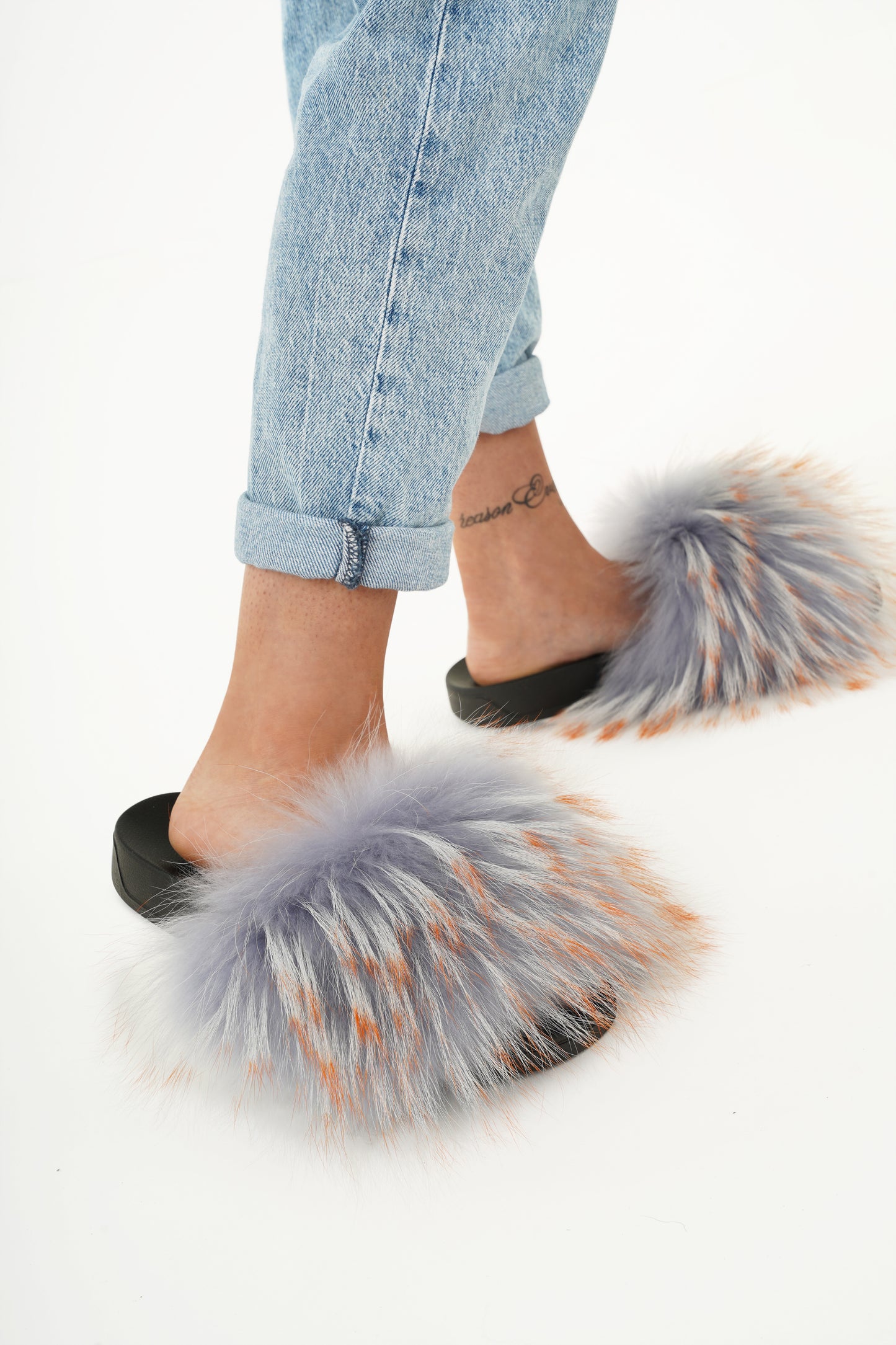 Blue-Orange Natural Fur Slides