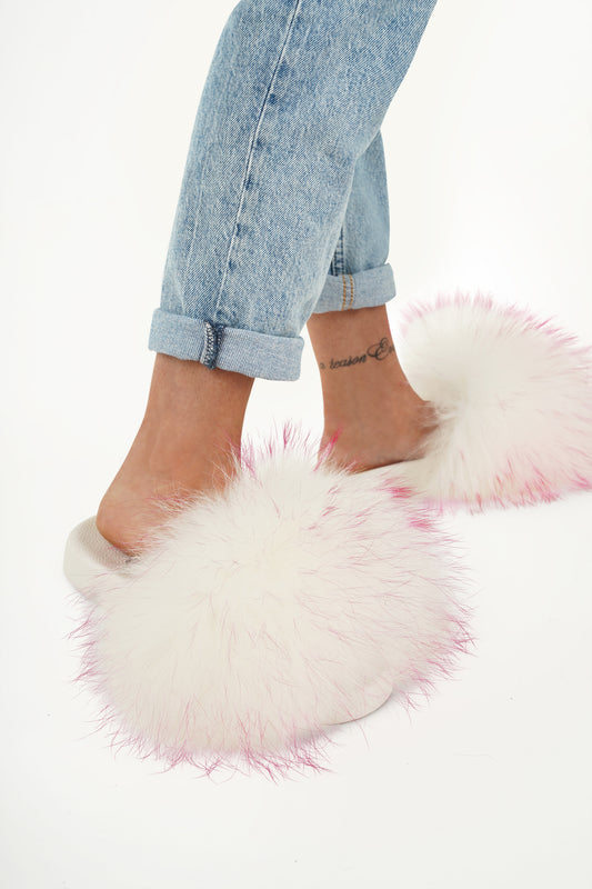 White & Pink Natrural Fur Slides