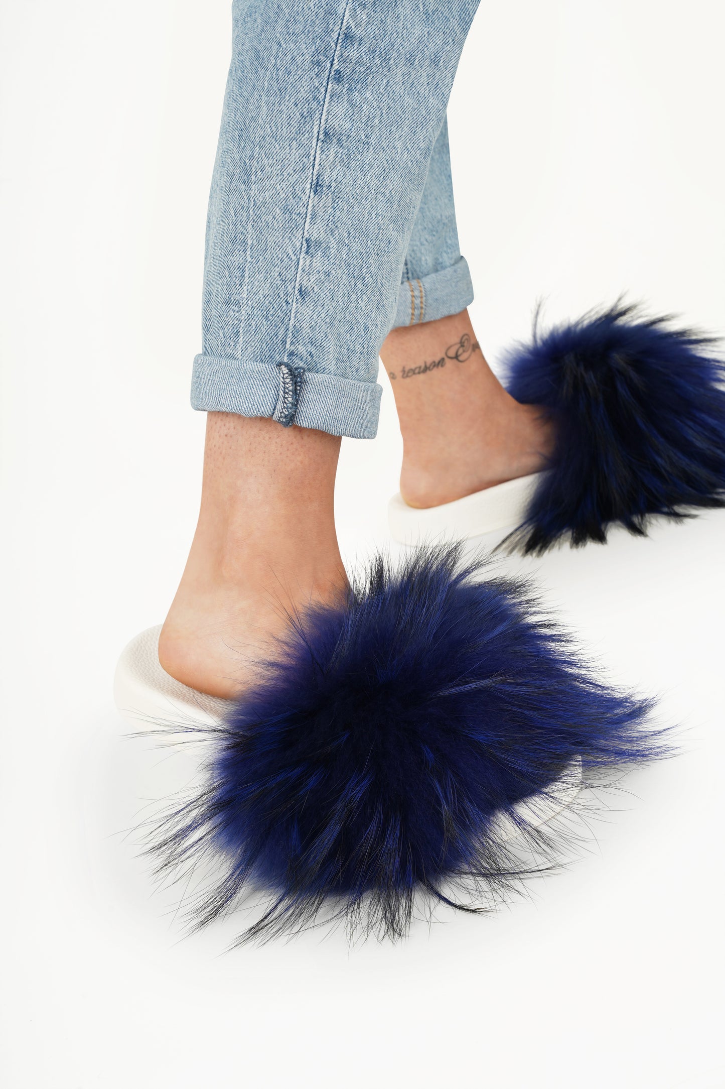 Royal Blue Natural Fur Slides