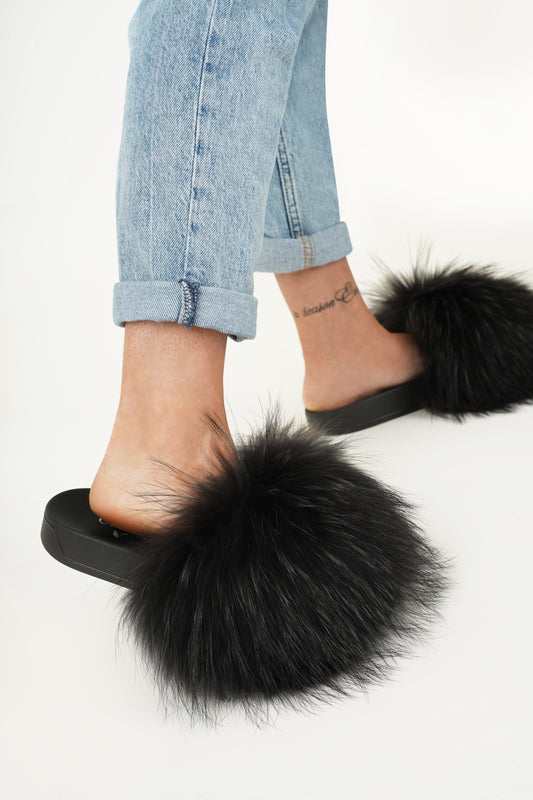 Black Natural Fur Slides