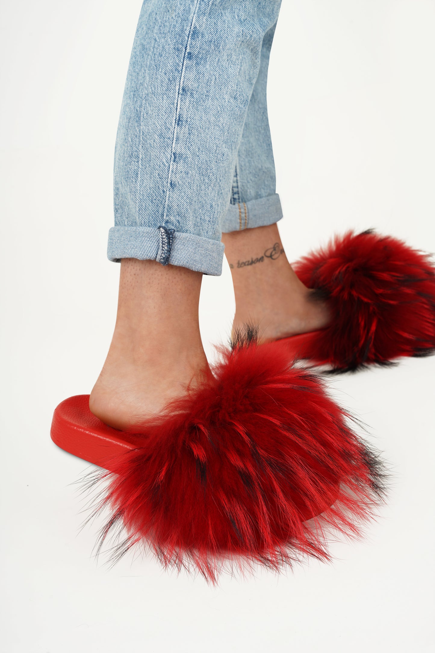 Red Natural Fur Slides