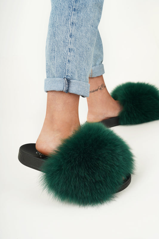 Forest Green Natural Fur Slides