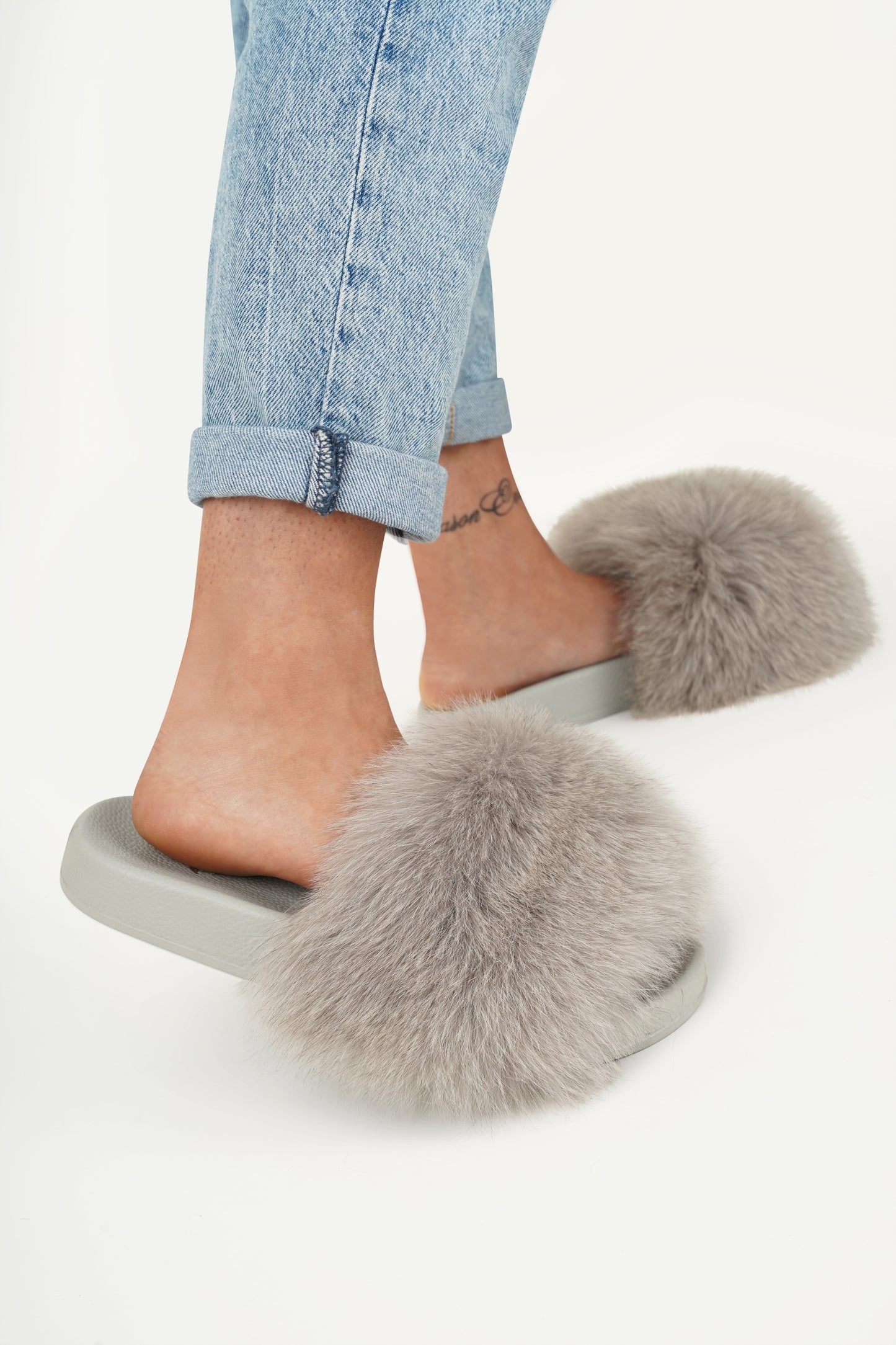 Light Gray Natural Fur Slides
