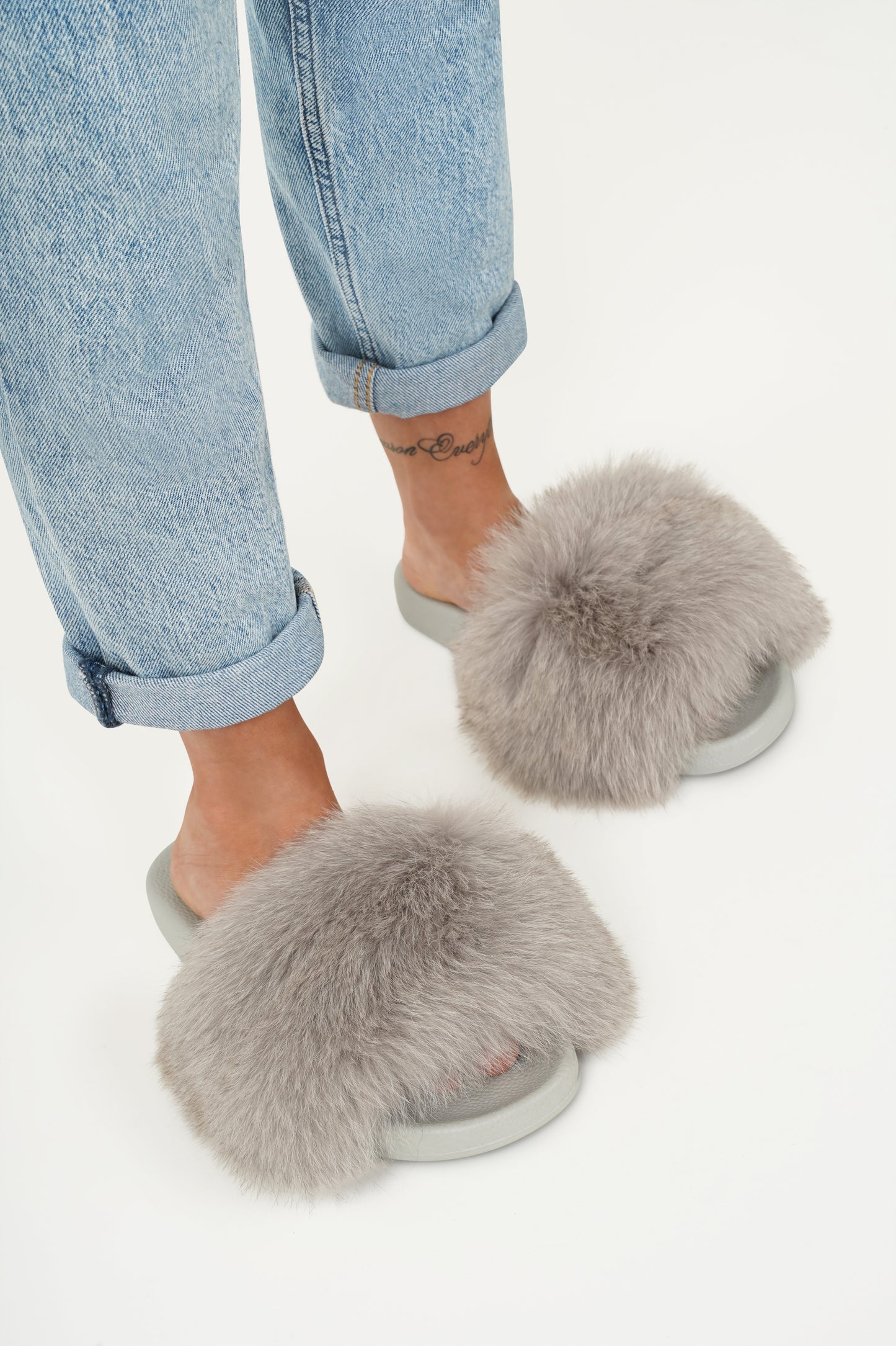 Light Gray Natural Fur Slides