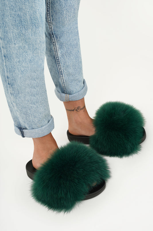 Forest Green Natural Fur Slides