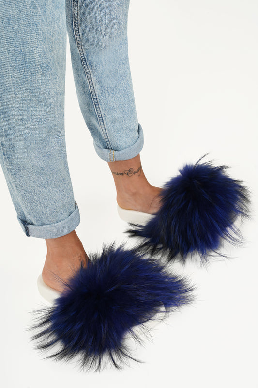Royal Blue Natural Fur Slides