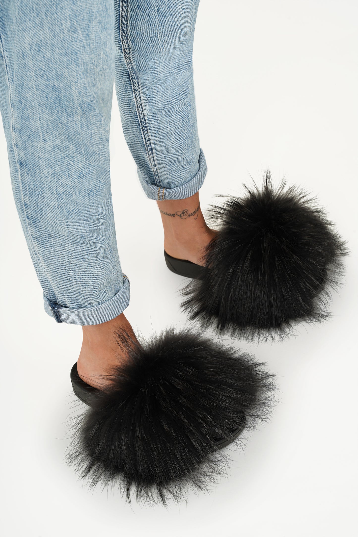 Black Natural Fur Slides