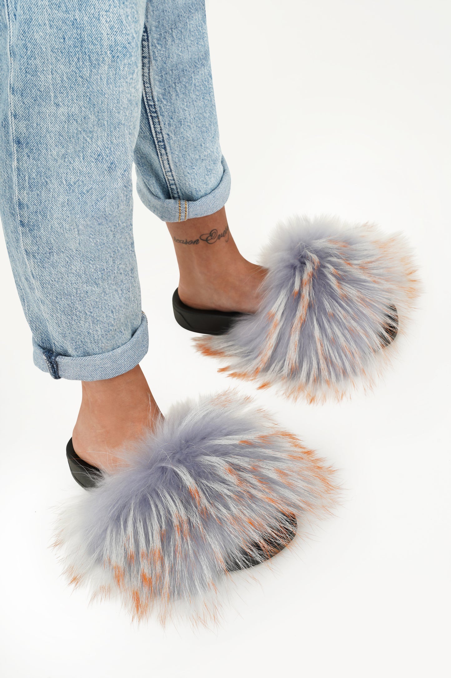 Blue-Orange Natural Fur Slides