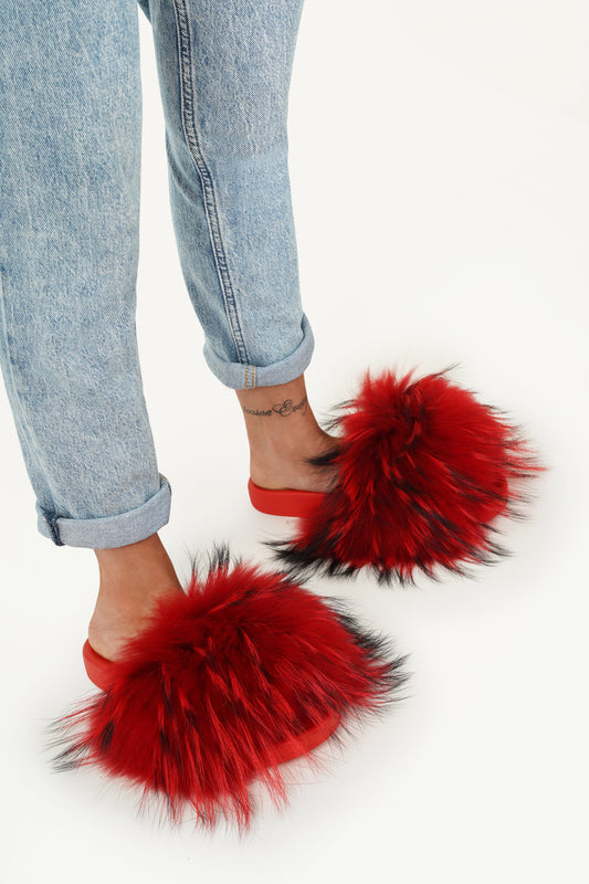 Red Natural Fur Slides